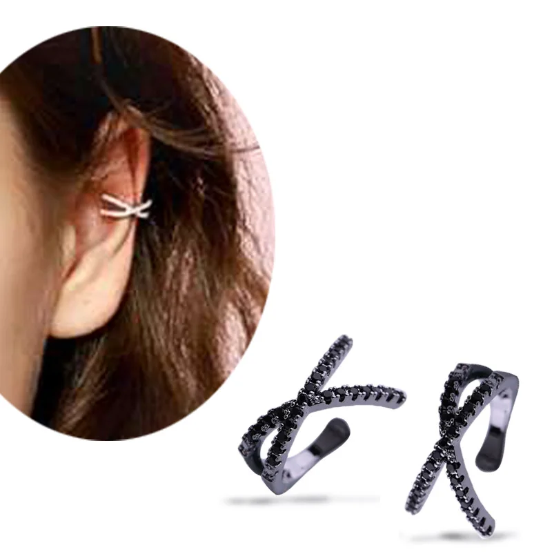 Клипса для ушей в стиле панк женщин с черным паве и кристаллами пряжка крест не