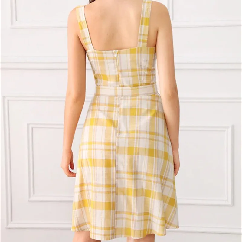 

Summer Casual Women Plaid Mini Dress 2020 Fashion V-neck Single Breasted Slim Dress Women