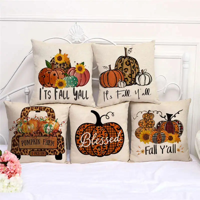 

Throw Pillow Cases Happy Thanksgiving Hello Fall Pumpkin Cushion Cover 45x45 Home Living Room Decoration Linen Pillowcover Decor
