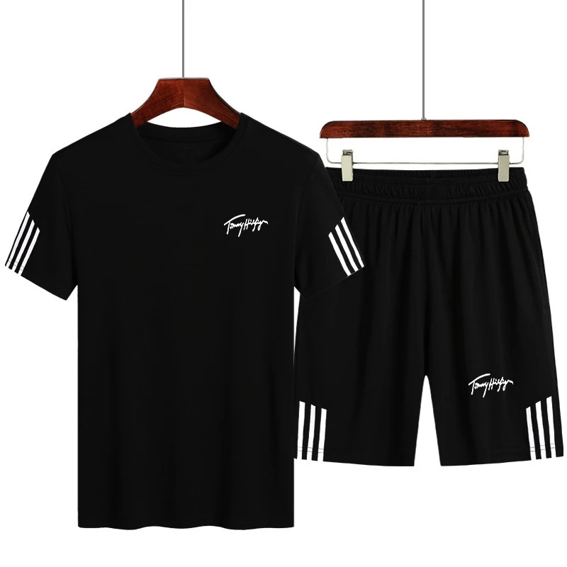 

2021 new men's sports suit men's running suit gym summer two-piece quick-drying clothes ice thin casual short-sleeved shorts sum