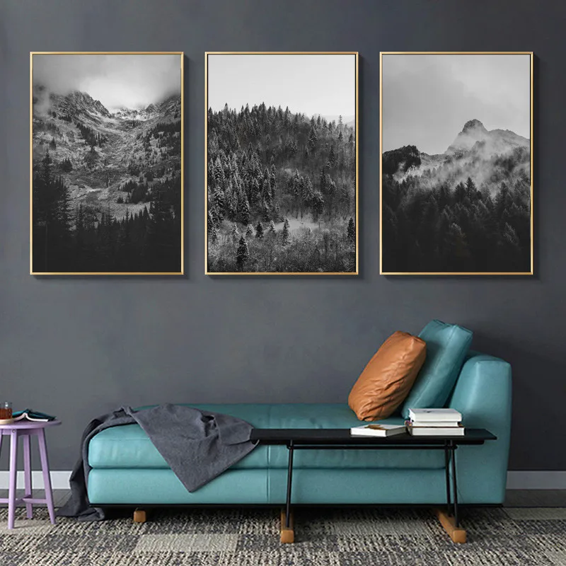 Черно-белые горы Туманный лес стены искусства картина Природа Пейзаж Плакат