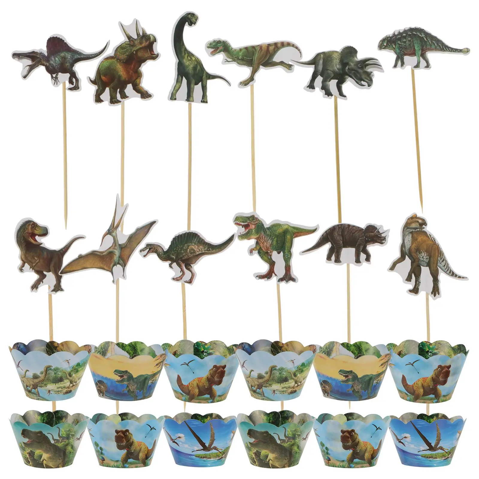 

48pcs Dinosaur Cake Toppers Cupcake Wrappers Birthday Cake Toppers Decoration