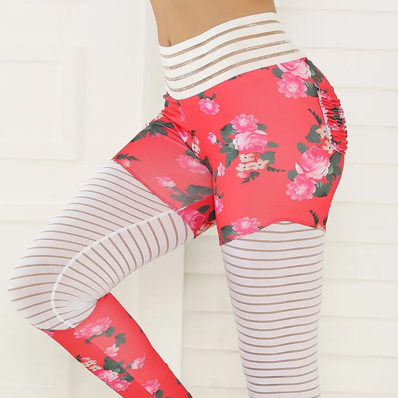 

High Fitness Legging Sport Lace Stitching Yoga Pants Slim Tights Waist Push Up Leggings High Mesh Waist