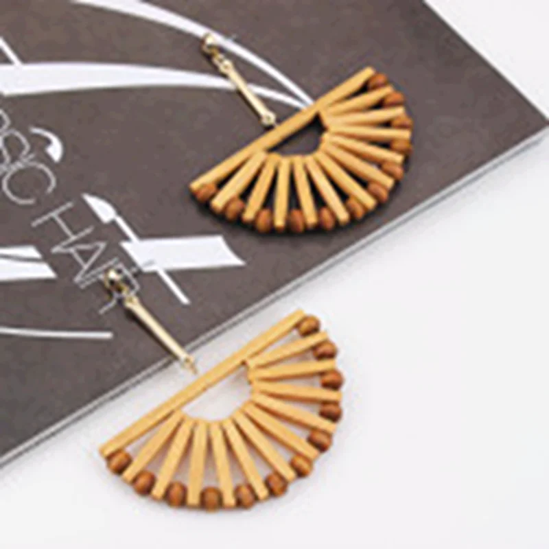 

Wooden Long Beach Holiday Personality Earrings Fan -Shaped Only for You Hot Sale Retro Fashion Ethnic Women Wood