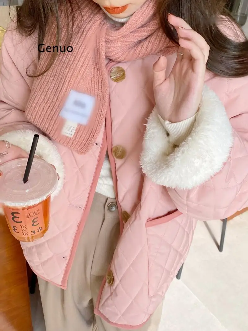 

Женская короткая куртка из овечьей шерсти, утепленная куртка розового цвета без воротника, Осень-зима 2021