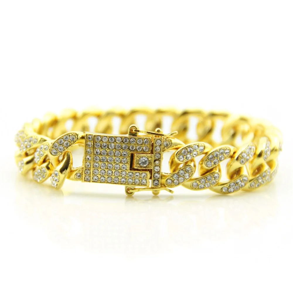 Панк Iced Out Bling Полный горный хрусталь США кубинские браслеты-цепочки 12 мм хип хоп серебряные ювелирные изделия Модные Pulseras Para Hombre