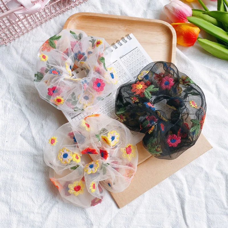 

Fashon White Black Floral Embroidery Hair Scrunchies Women Hair Ties Ponytail Holder Accessories