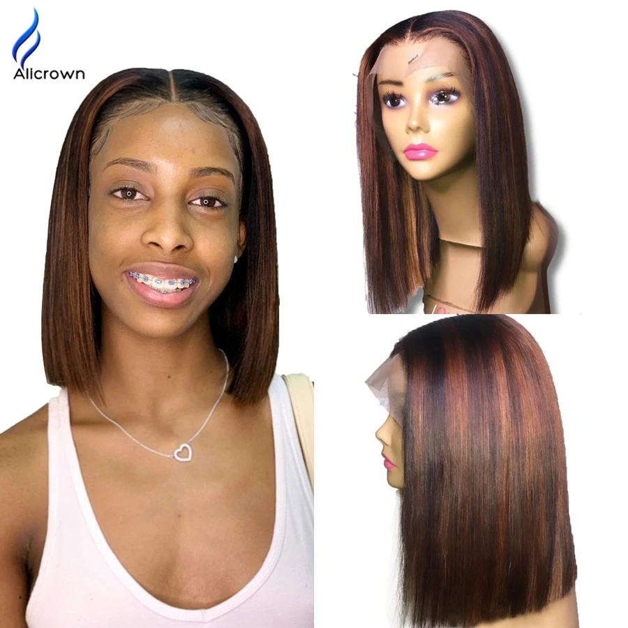 Alicrown Lace Front Human Hair Wig For Women Short Bob Wigs Ombre 150% Density Non-Remy Middle Ratio | Шиньоны и парики