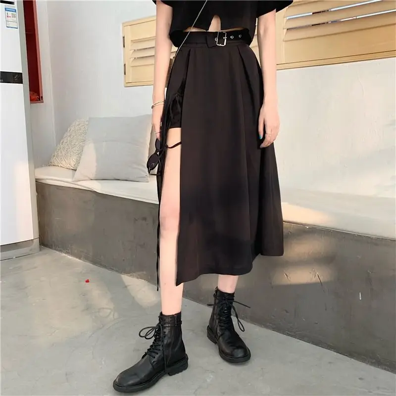 

Vintage Dark 2021 High Split Mid-Calf Skirts Women Elegant Fashion Party Club High Waist Femme Bottom Streetwear Goth Skirt