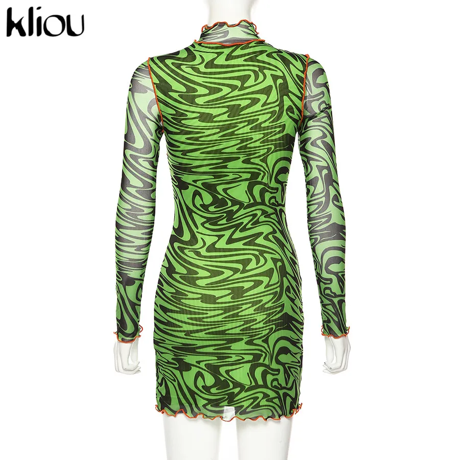 Kliou Fall Sexy Club Dresses women Fashion Print High Neck ruffles Long Sleeve Mini slim Bodycon Dress sexy mesh fabric