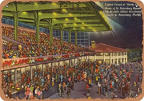 

Metal Sign - Florida Postcard - Typical Crowd at 'Derby Lane,' Home of St. Petersburg Kennel Club, wor - Vintage Rusty Look Wal