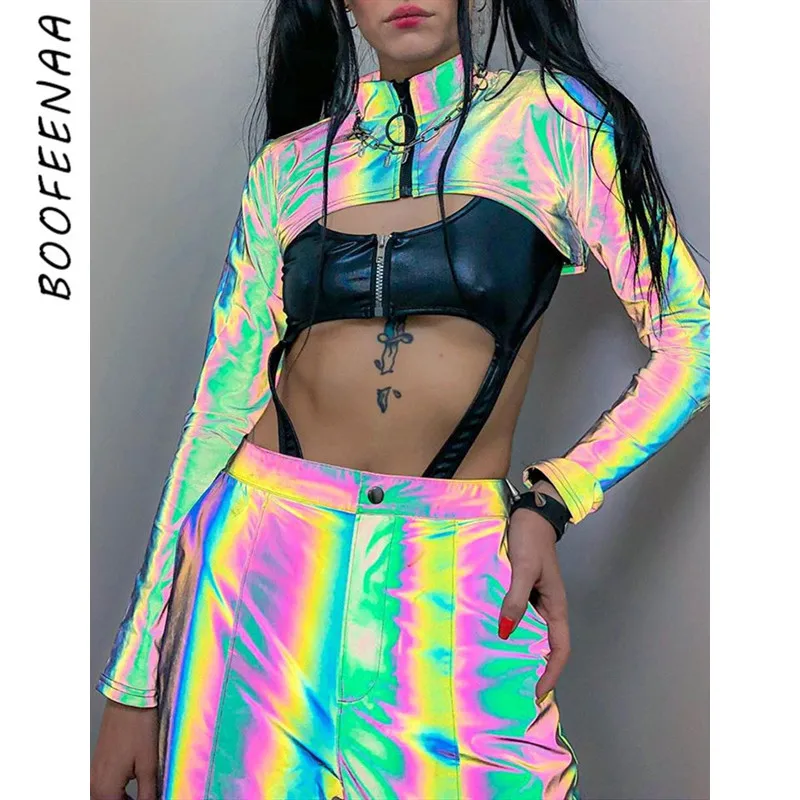 BOOFEENAA блестящая голографическая Светоотражающая Сексуальная укороченная