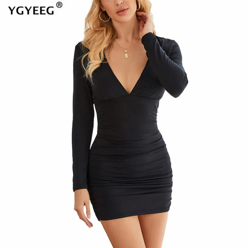 

YGYEEG V-Neck Bodycon Dresses Sexy Long Sleeve Black Skinny Elastic Autumn Spring New Solid Fashion Women Party White Clothes