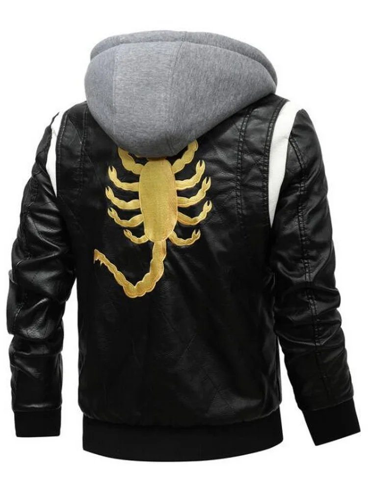 Leather Jacket EU Size Men Lapel Leather Outwear Personality Scorpion Embroidery Removable Hoodied