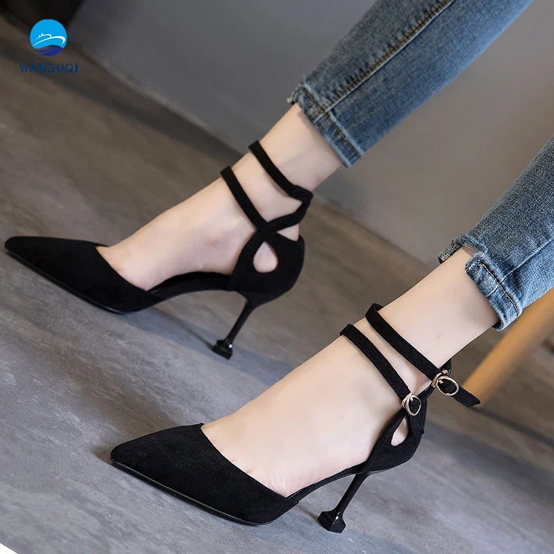 

New hot selling Korean style high heels women stiletto 2021 black all-match pointed toe buckle single shoes women's shoes