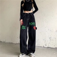 jeans pants womens autumn high waist black rose embroidery straight jeans versatile loose thin and wide leg pants