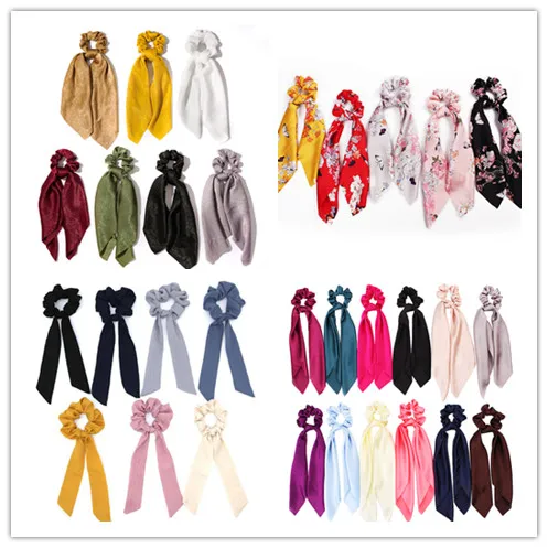 Однотонная/Цветочная атласная Длинная лента с бантом женские резинки для волос