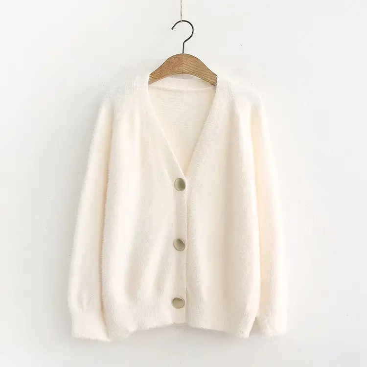 Loose Cardigan Sweater Women Gold Buckle Knitted Jacket Coat Solid Color V Neck Cardigan Autumn Winter Women Clothes