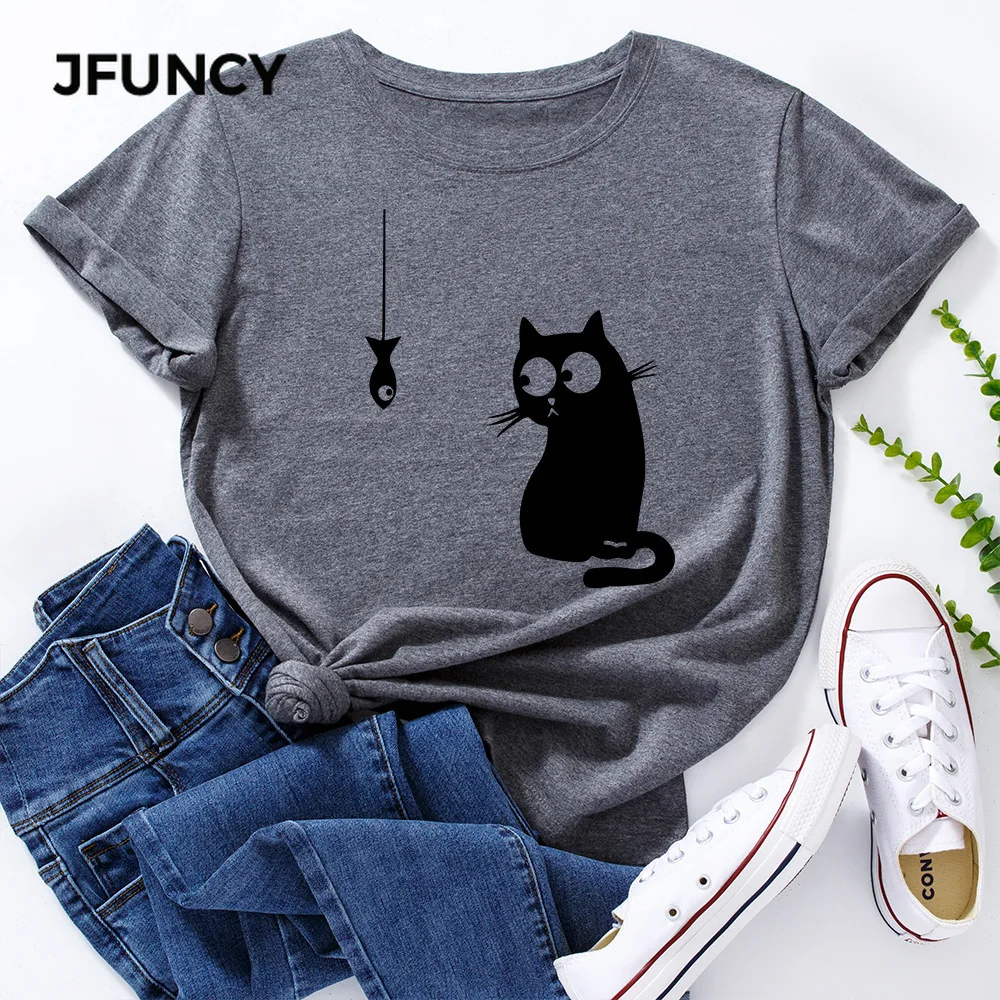 JFUNCY  5XL Women Summer T-shirt Cute Cat Graphic Print Tees Short Sleeve Woman Tshirt 100%cotton Female Tops
