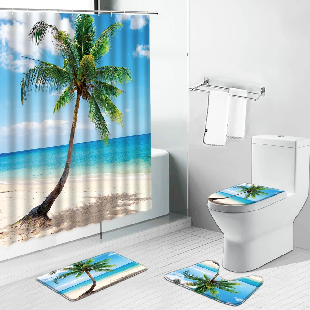 

Ocean Beach Palm Tree Scenery Bathroom Shower Curtains Sea Waves Green Leaf Print Toilet Lid Cover Bath Mat Sets Kitchen Carpet