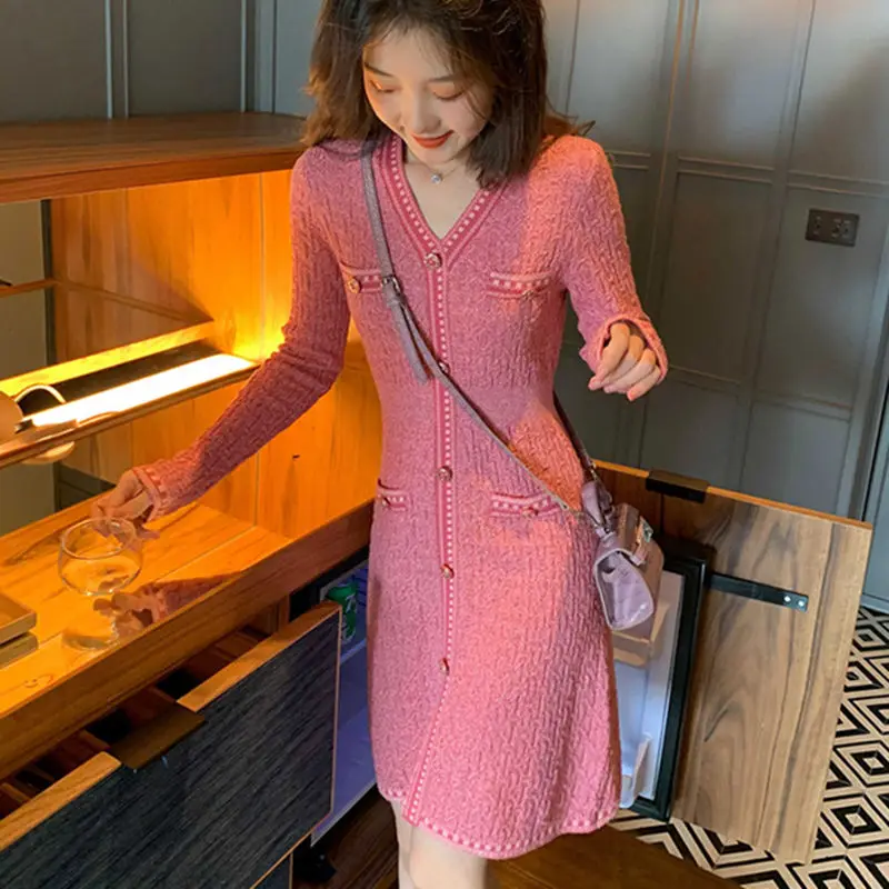 

Женское трикотажное платье-свитер, маленькое розовое однобортное приталенное платье в Корейском стиле на осень