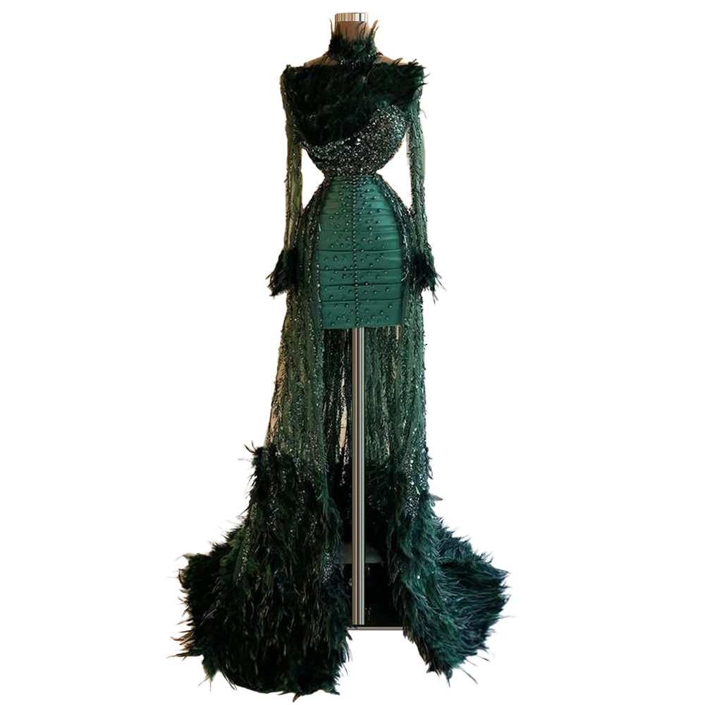 

Feathers Long Sleeves Forest Dress Green платье 2021 нарядные robe femme robe de soirée femme Dresses for Women Party