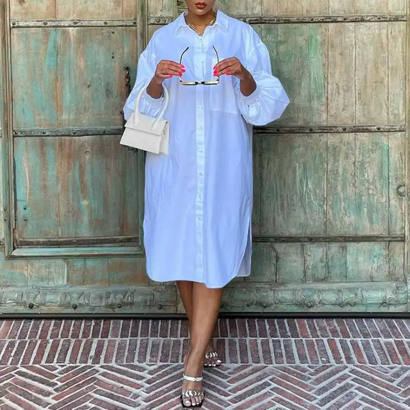 

Women Holiday Dress 2021 VONDA Casual Long Sleeve Lapel Button Down Shirt Dress Beach Party Long Dress Oversized Vestidos Femme