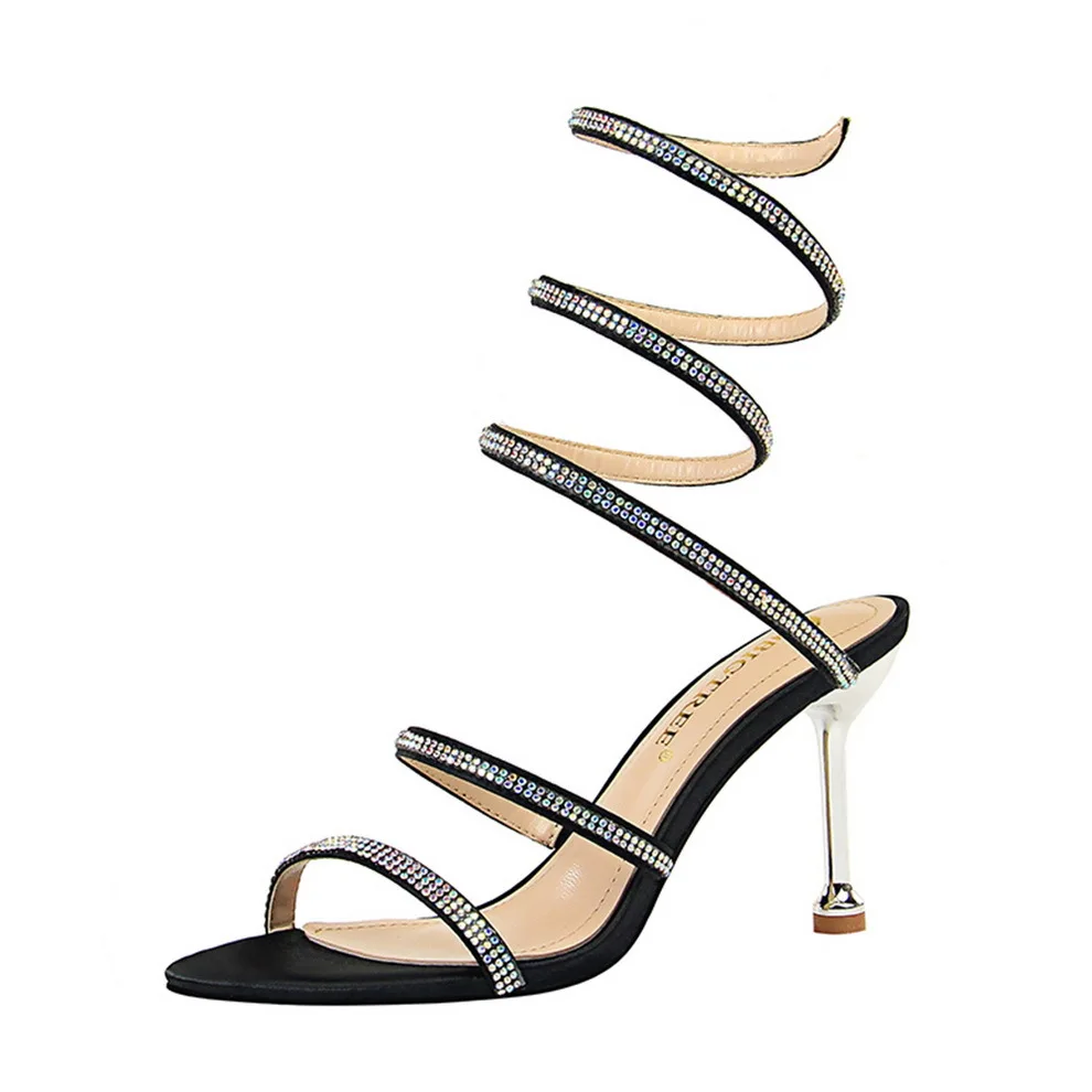 

2021 Stylish sexy women's high-heeled sandals nightclub banquet fine heel serpenity around with water drill women's sandals