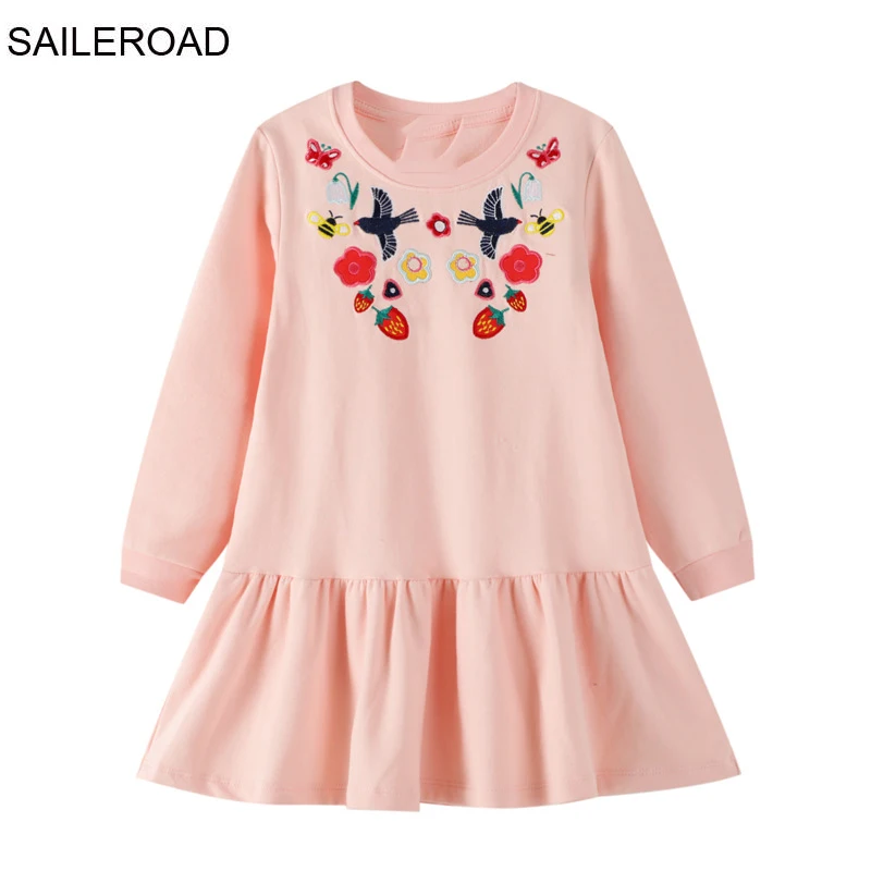 SAILEROAD Animal Applique Girls Long Sleeve Dress for Kids Clothes New Spring Children Baby Party Cotton |