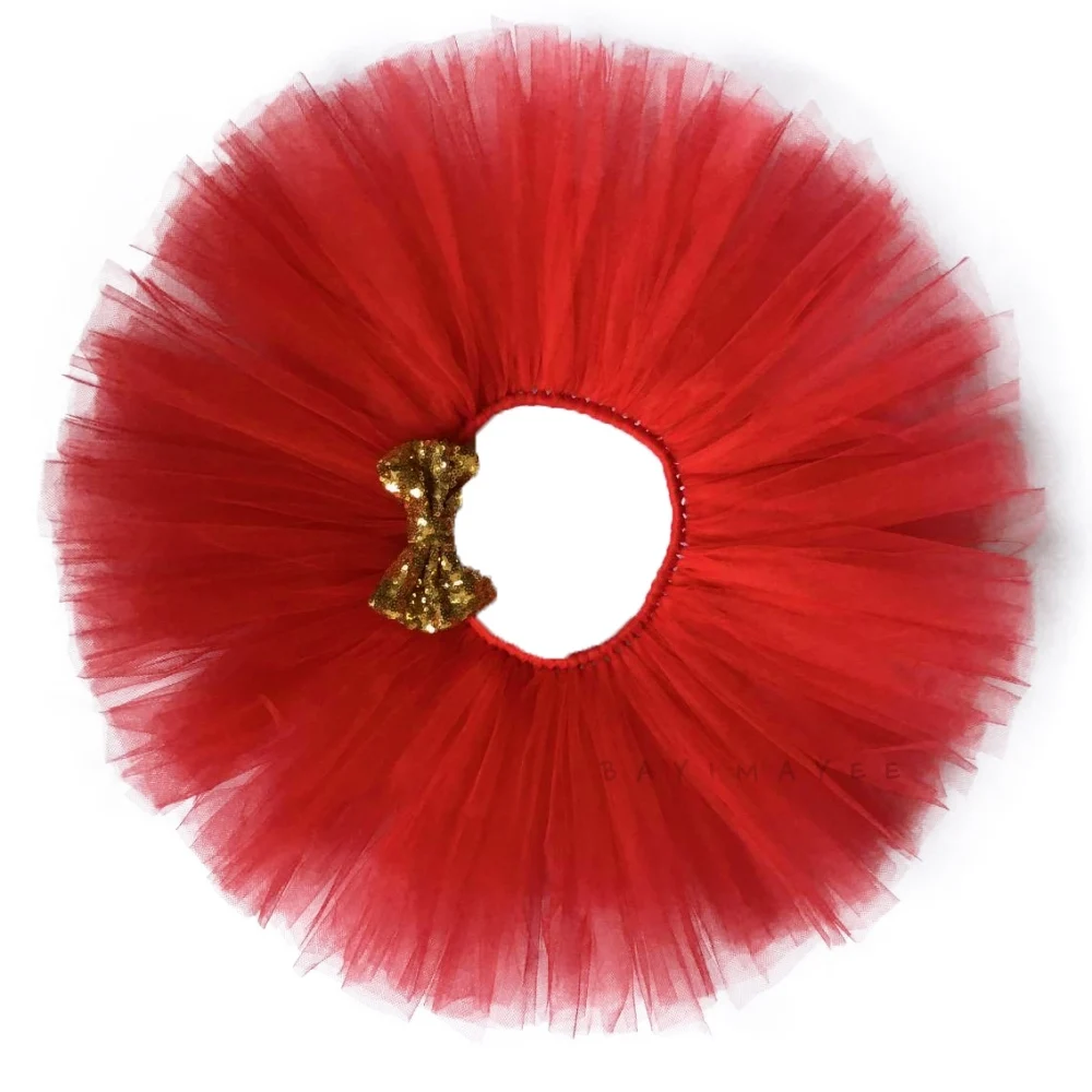 Детская красная юбка пачка для девочек Нижняя с золотыми блестками и бантом