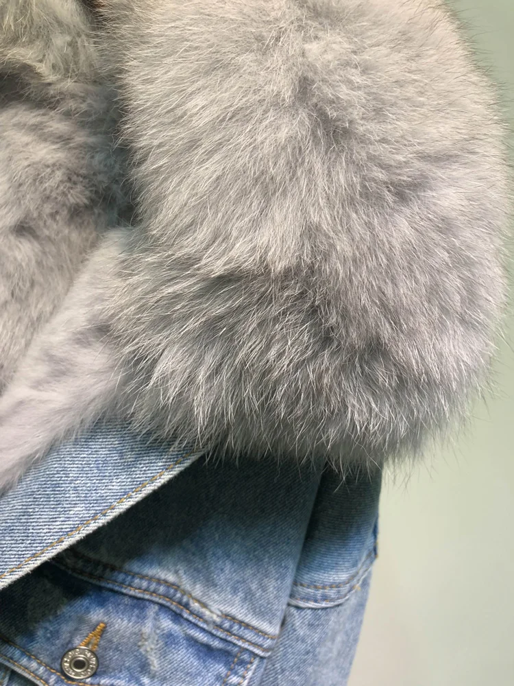 

Real Fox fur thick warm denim parkas female winter fashion oversized real rabbit fur liner detachable fur padded warm coat F462