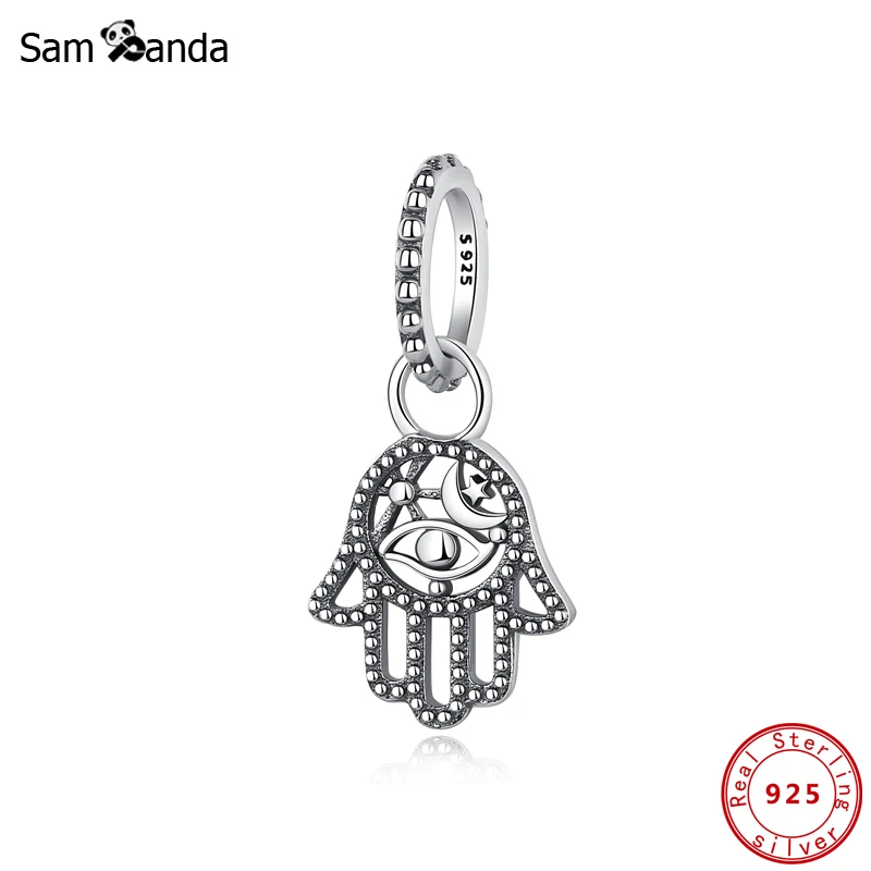 Original 925 Sterling Silver Charm Bead Hamsa Hand Pendant Charms Fit Pandora Bracelets Necklaces DIY Women Jewelry