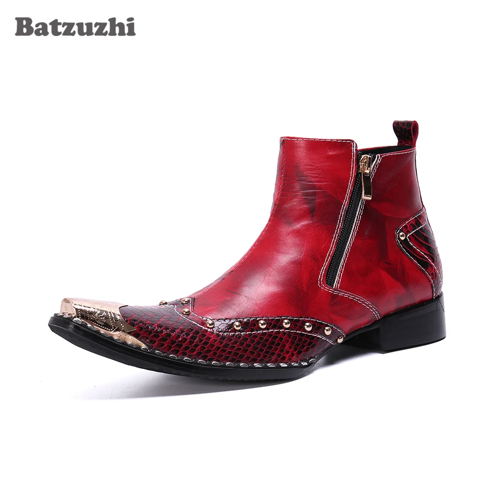 

Batzuzhi Pointed Leather Ankle Boots Men Western Fashion Men Boots Shoes Zip Metal Tip Party and Wedding Boots for Men botas hom