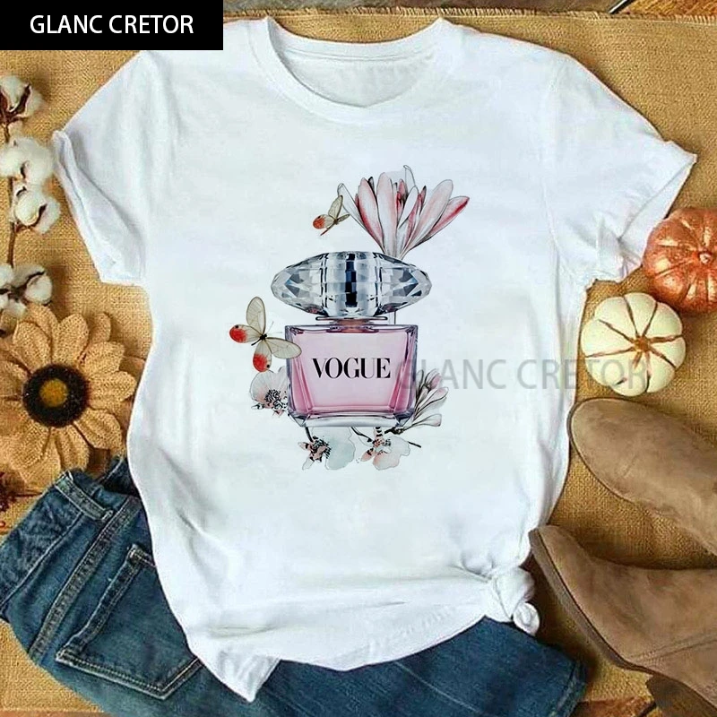 

New VOGUE Perfume Ladies Women's Graphic Female Tee T-Shirt White T Shirt Women Summer Flower Short Sleeve Lady Tops Tshirt