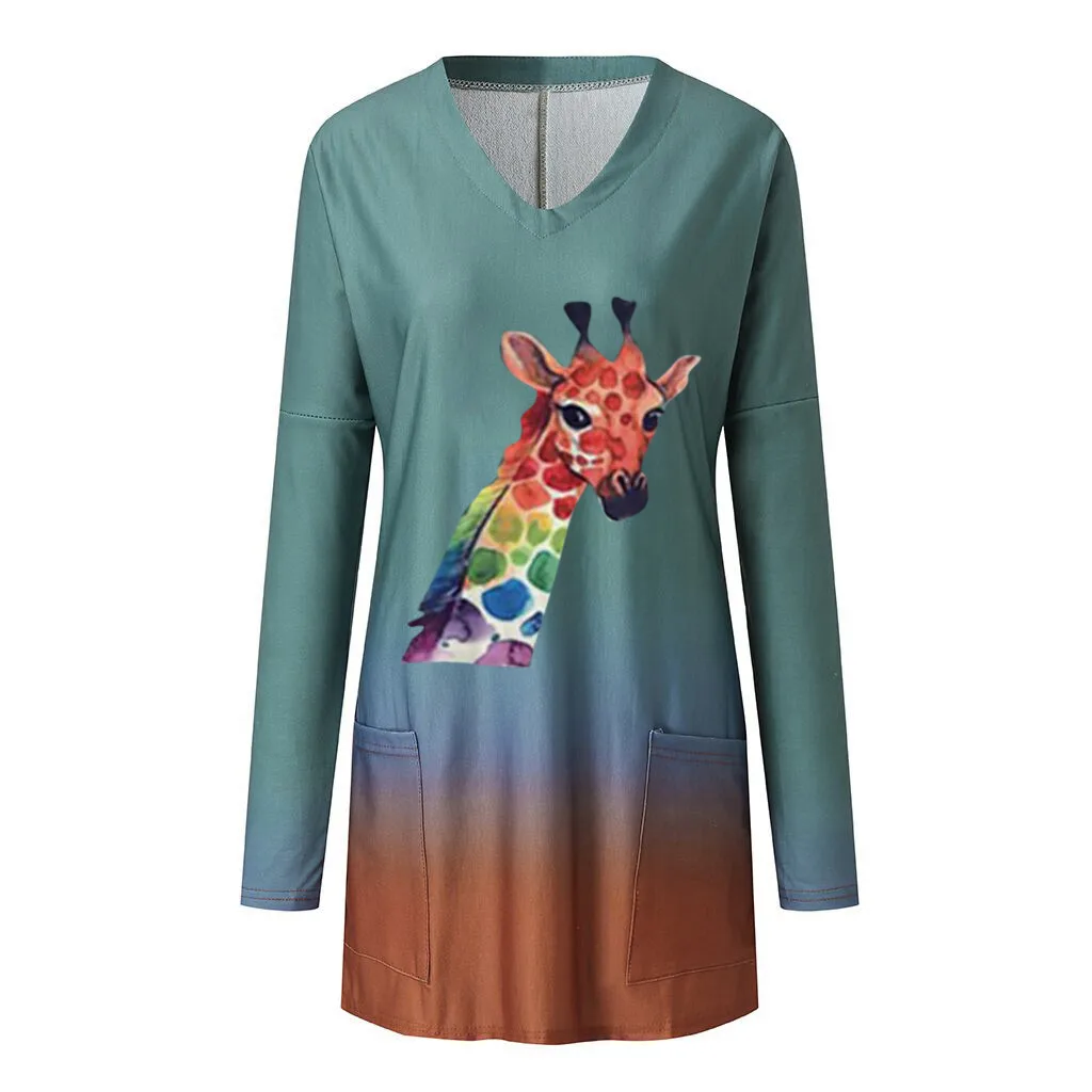 

Hoodies Women's V-neck Tie-dye Pocket Long Sleeves Tops Blouse Gradient Sweatshirt 2020 New moletom sudaderas