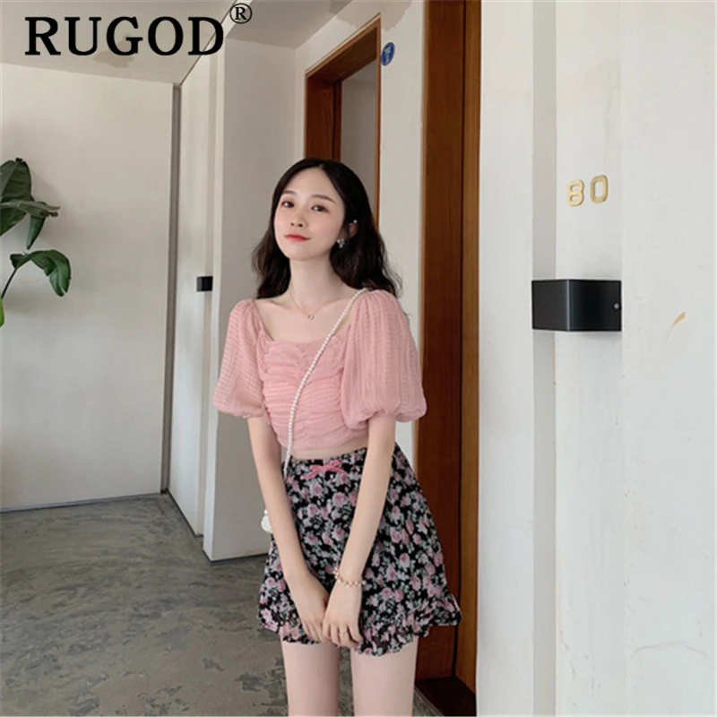 RUGOD/винтажная однотонная женская блузка, Элегантная футболка с пышными рукавами, Стильные корейские летние топы, женская одежда
