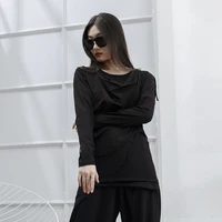 ladies long sleeve spring and autumn new pleated individual fashion trend hip hop large size long sleeve round collar t shirt