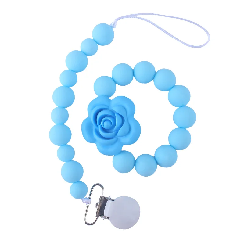 

2pcs/set Baby Teether Toy Silicone Beads Flower Teething Products and Metal Pacifier Clips Chain