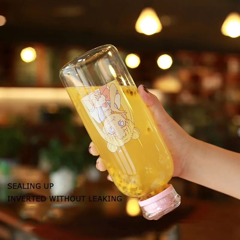 

Creative small Cut cartoon beautiful girl water cup with straw cup bottle wholesale single-layer glass 450ml 700ml drinking sets