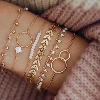 2021 6pcsset bohemian gold tassel bracelets for women boho jewelry geometric leaves beads layered hand chain charm bracelet set