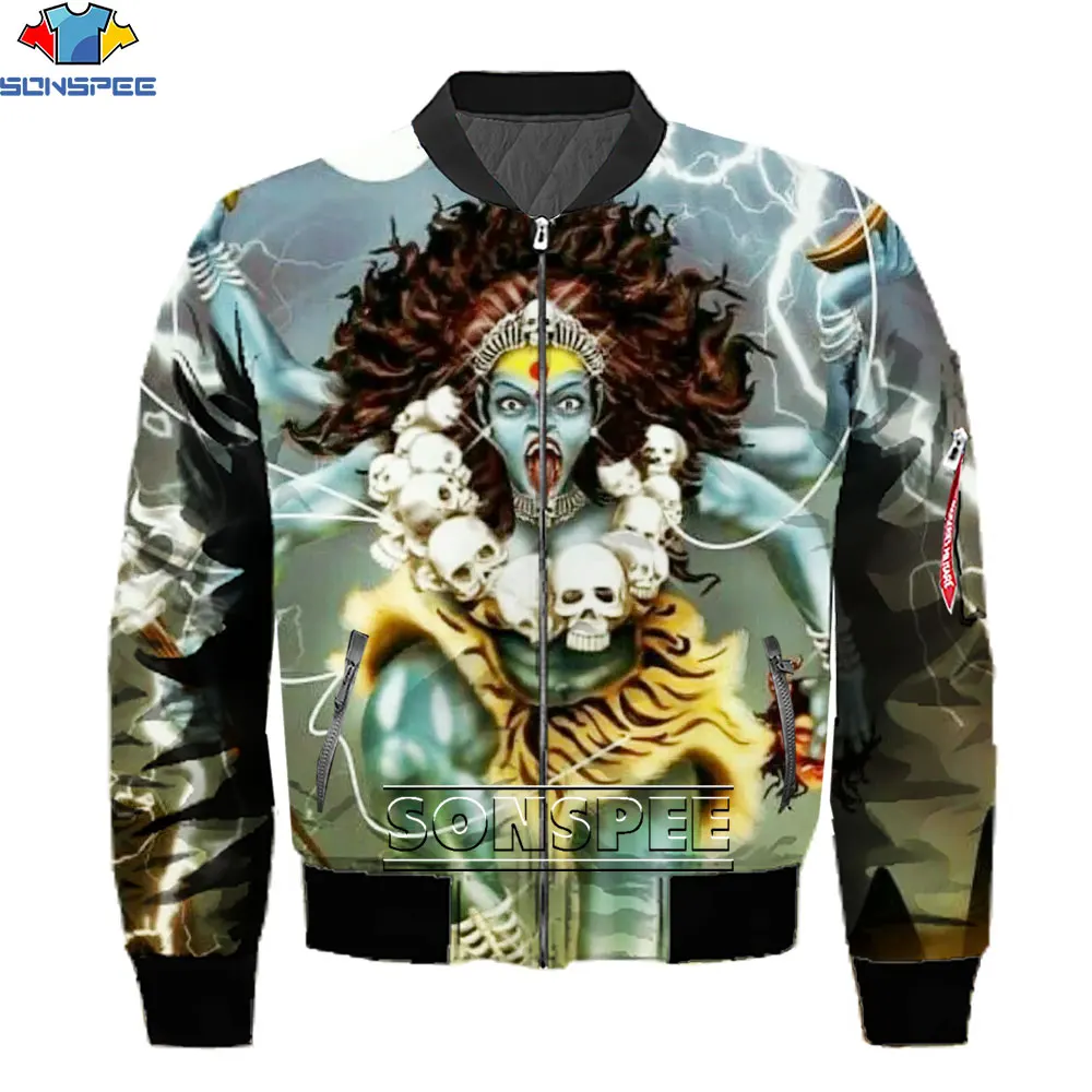 

SONSPEE Indian Goddess Religious Figure 3D Printing Protagonist Cool Fashion Coat Fall Harajuku Collarless Warm Pilot Zip Jacket