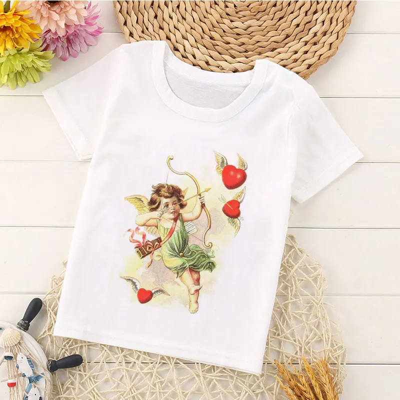 

Illustration cute boy girl t shirt enfant retro fashion girl boys t shirts white simple round neck illustration new kids t shirt