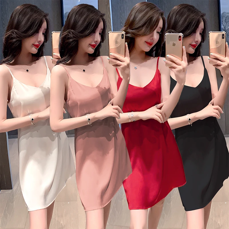 

2021 Summer Silk Satin Sexy Lingerie Spaghetti Strap Mini Dress Nightgowns for Women Nightdress Sleepwear Night Gown Home Nighty