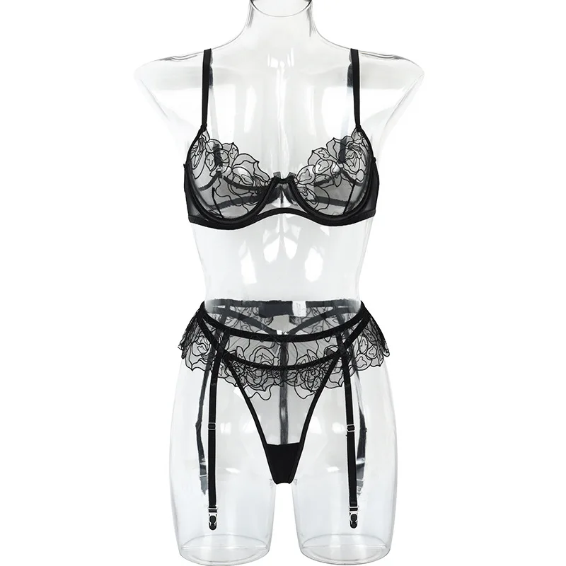 

High Quality 3Pcs Sexy Women's Bra Garter Panties Set Lace Transparent Erotic Lingerie Underwire Gather Bra Thong Underwear Set