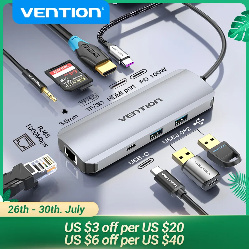 

Vention USB C Hub USB C to HDMI 4K VGA PD RJ45 3.5mm USB 3.0 Dock for MacBook Pro Accessories USB-C Type C 3.1 Splitter USB HUB