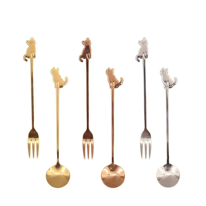 

6pcs/Set Cartoon Cat Design Coffee Stirring Spoon Stainless Steal Dessert Fork Tea Spoons Fruit Forks Teaspoon Party Tableware