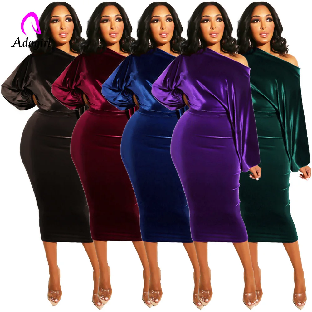 Purple Velvet Women New 2020 Spring Winter Off Shoulder Long Sleeve Bodycon Dress Office Lady Sexy Pencil Party Dresses 5 Colors