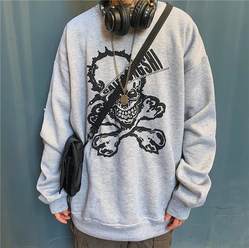 

Autumn And Winter Plus Velvet Pullover Hoodie Harajuku Skull Letter Pattern Couple Crew Neck Sweatshirt Women Streetwear