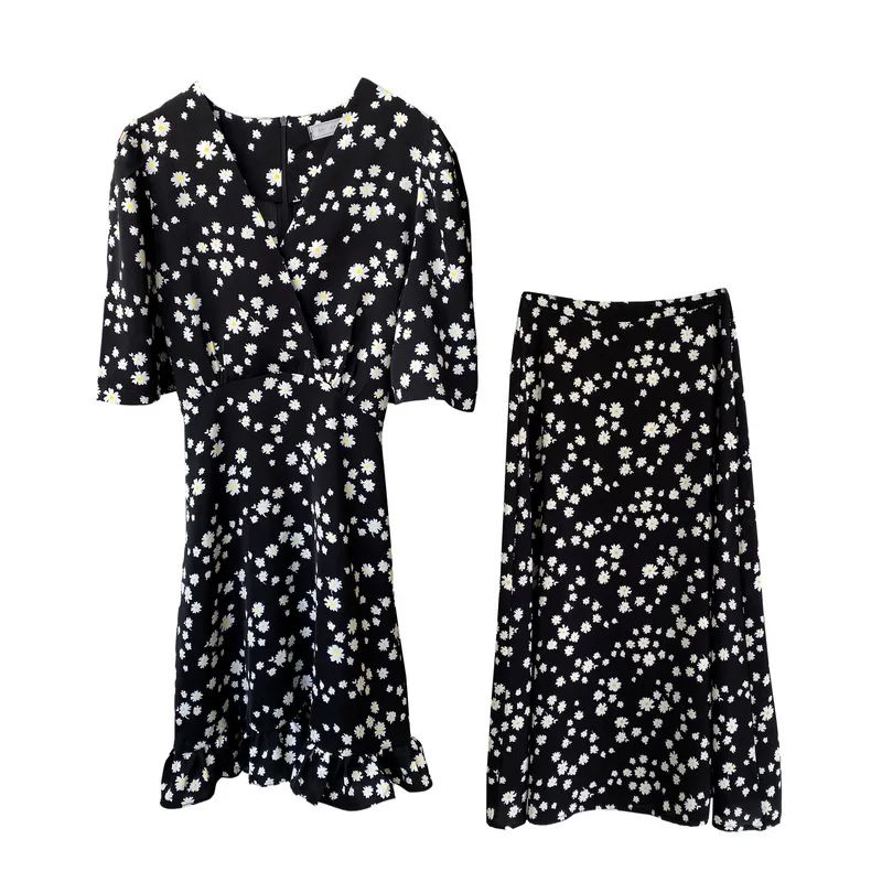 Женская мини-юбка с коротким рукавом до середины икры высокой талией и цветочным