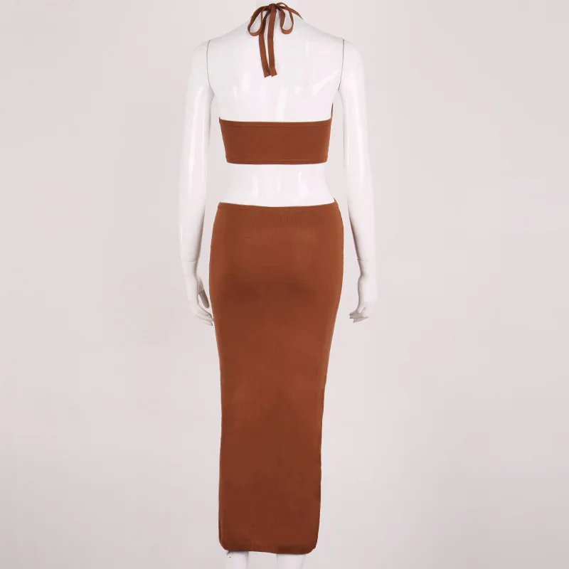 

Women 2021 Sheath Long Dress Ladies Ankle-length Bandage Elegant Knitted Solid Color Cross Cutout Halter Lace-up Maxi Dress